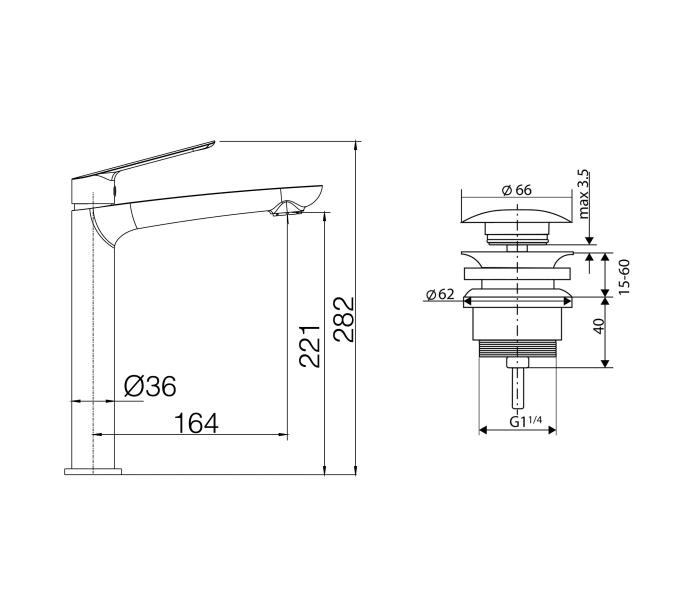 Pack Grifo de lavabo caño alto Imex Lúxor + Válvula click-clack Croquis 3