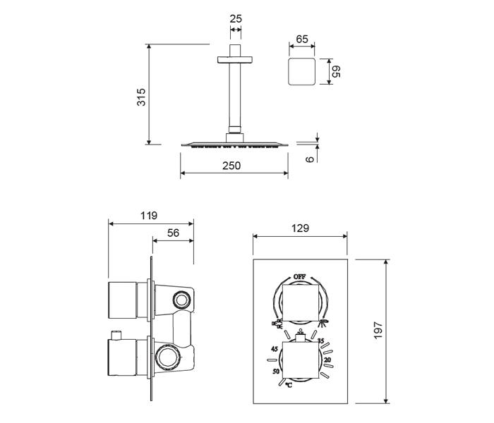 Conjunto de ducha empotrado al techo Lluvibath Artemis Croquis 2