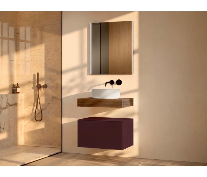 Mueble de baño con encimera de madera 10 cm de altura en color Valenti con cajonera Visobath Nomad Ambiente 16