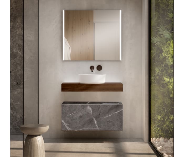 Mueble de baño con encimera de madera 10 cm de altura en color Valenti con cajonera Visobath Nomad Principal 2