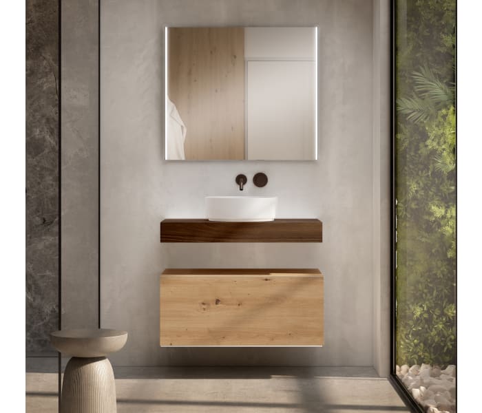 Mueble de baño con encimera de madera 10 cm de altura en color Valenti con cajonera Visobath Nomad Principal 4