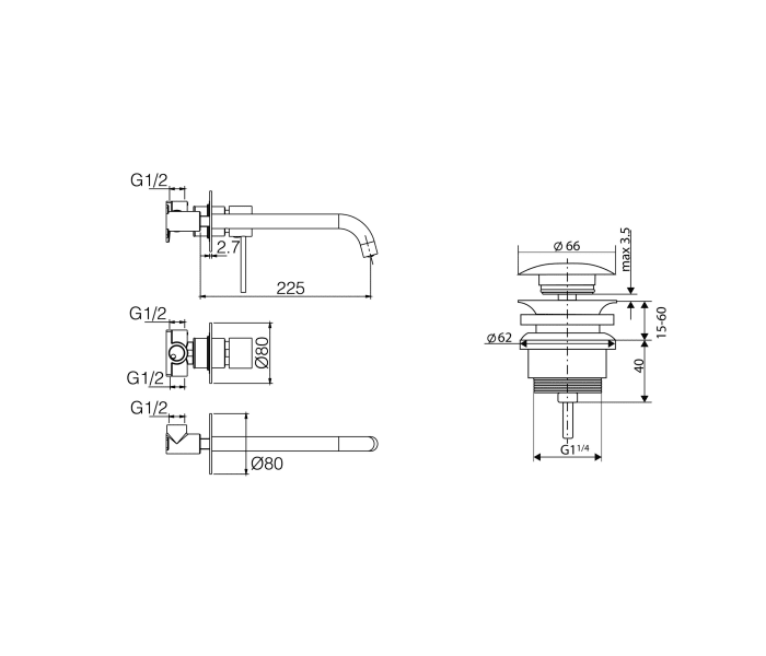 Pack grifo de lavabo empotrado Milos Imex + Válvula click-clack Croquis 8
