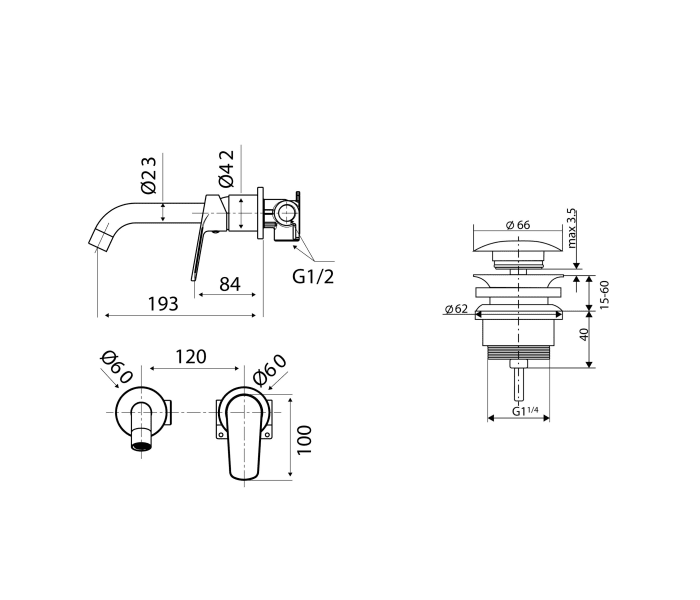 Pack grifo de lavabo empotrado Bélgica Imex + Válvula click-clack Croquis 3
