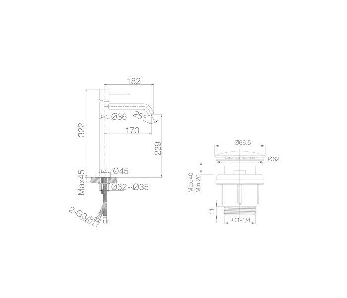 Pack Grifo de lavabo caño alto Imex Monza + Válvula click-clack Croquis 5