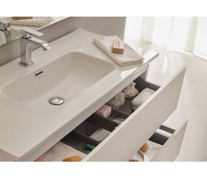 ▷ Conjunto mueble de baño de Sanchís Deco Lux suspendido con encimera de  madera y lavabo sobre encimera