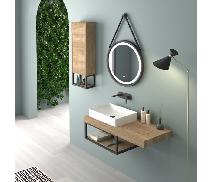 Mueble de Baño Suspendido Encimera Madera, 100cm, con Estructura Negra y  Estante Inferior, Roble Natural