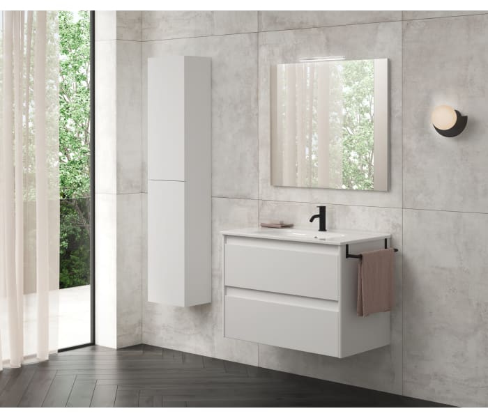 Pack muebles Baño Blanco Brillo (Mueble lavabo + armario alto + espejo +  lavamanos cerámico), Conjunto