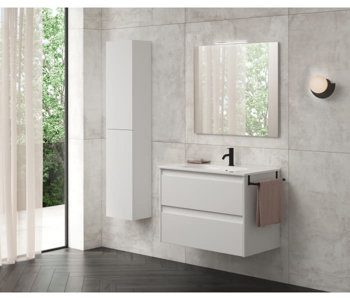 Mueble para Baño Pack Blanco Brillo (Mueble+Espejo+Lavabo Cerámico+Columna  Auxiliar) 