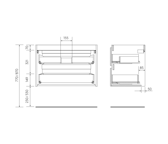 Conjunto mueble de baño con lavabo sobre encimera Salgar Bequia Croquis 13