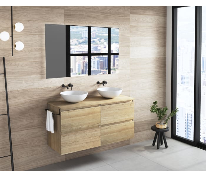 Mueble de Baño al Suelo con Lavabo Cerámico de Fondo Reducido, 70 cm, Guías Hettich, Roble Natural - Negro