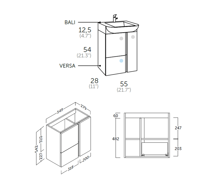 Conjunto mueble de baño fondo reducido 28 cm Coycama Versa Croquis 8