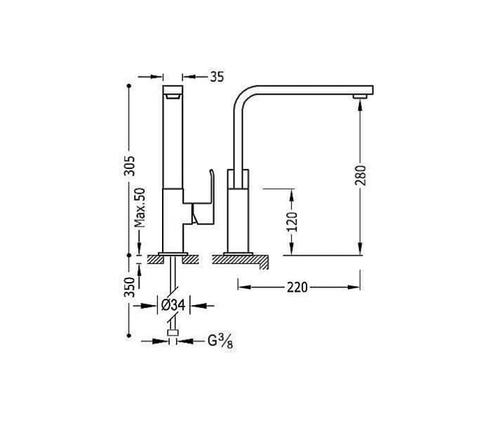 Grifo de lavabo Tres Cuadro Croquis 2