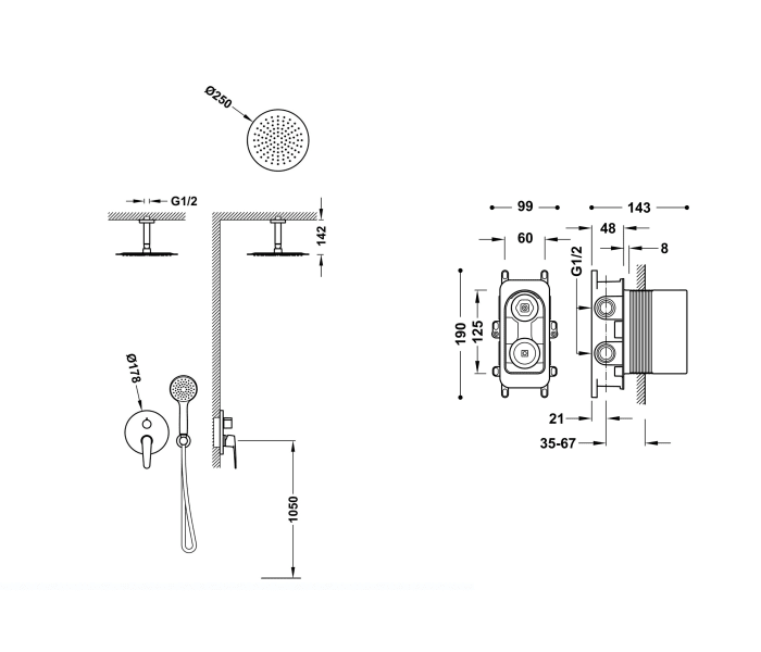 Conjunto de ducha empotrado Tres Flat Croquis 3