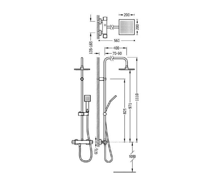 Conjunto de ducha Tres Eco Flat Cuadrado Croquis 1