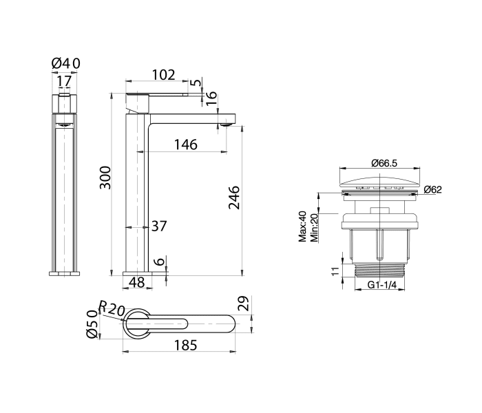 Pack Grifo de lavabo caño alto Imex Roma + Válvula click-clack Croquis 7