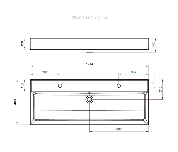 Lavabo encastrado para dos grifos de un seno 12 cm alto Visobath Lila Croquis 3