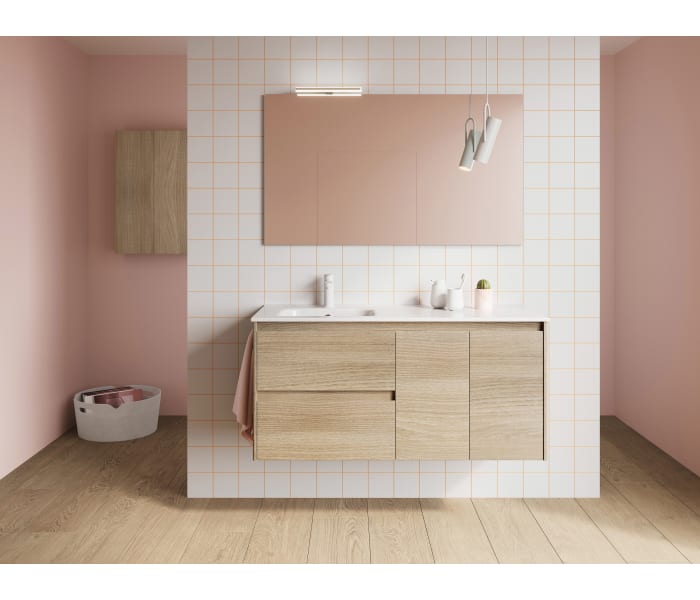 Pack Mueble baño y armario auxiliar color nordik (Incluye Lavabo y Espejo)