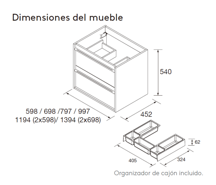 Mueble de baño con encimera de madera Salgar Attila Croquis 34