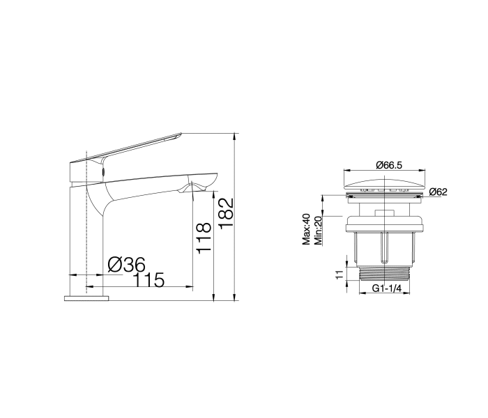 Pack Grifo de lavabo Imex Lúxor + Válvula click-clack Croquis 3