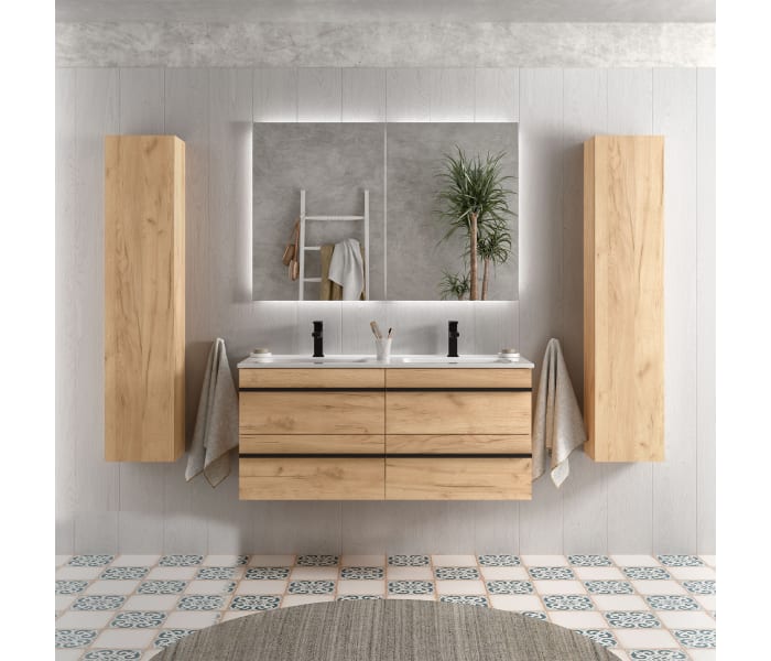 Mueble de Baño suspendido con tapa y Lavabo Cerámico, 60 cm, 2 cajones  con Cierre Amortiguado y Organizador, beig verdoso.