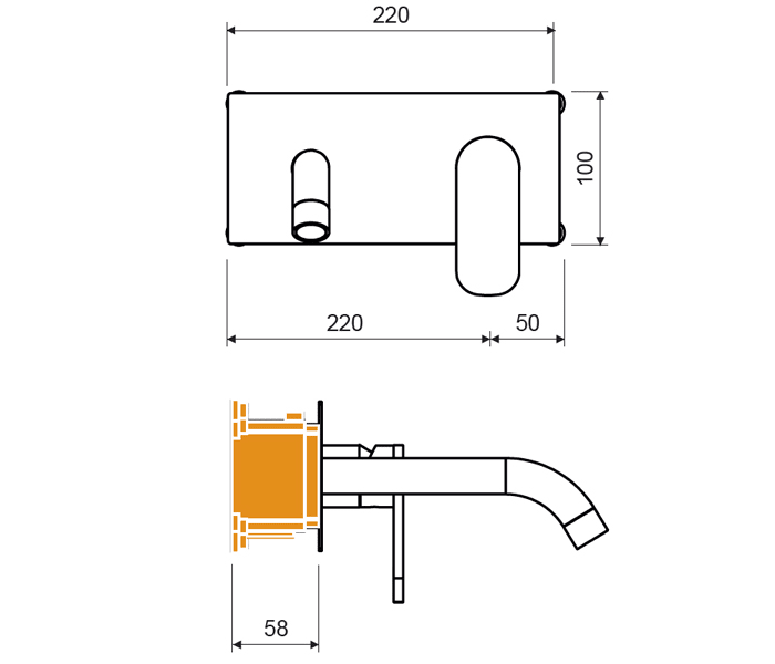 Grifo de lavabo empotrado Lluvibath Jamaica Croquis 2