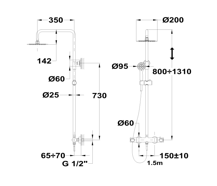Columna de ducha extensible termostático Strohm Teka Manacor Croquis 4