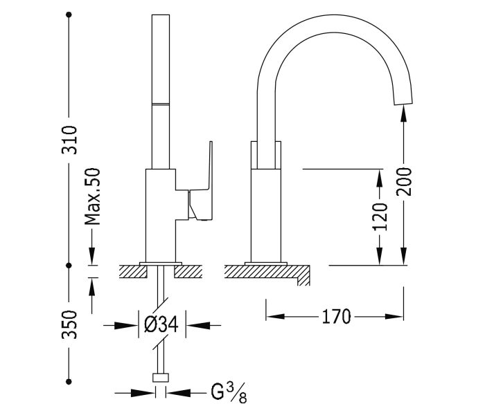 Grifo de lavabo Tres Cuadro Croquis 1