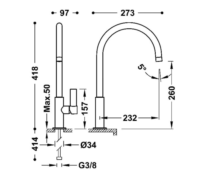 Grifo de lavabo Tres Project XXL Croquis 4