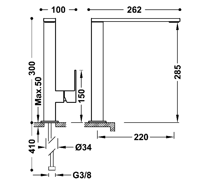 Grifo de lavabo Tres Cuadro Croquis 1