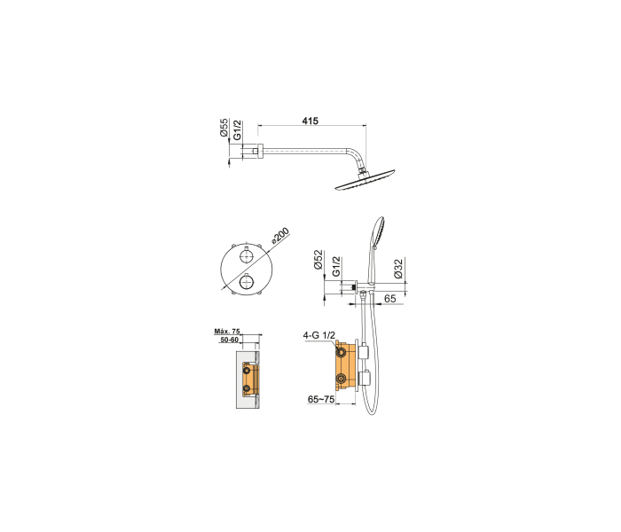 Conjunto de ducha empotrado de Lluvibath Bambú Croquis 5