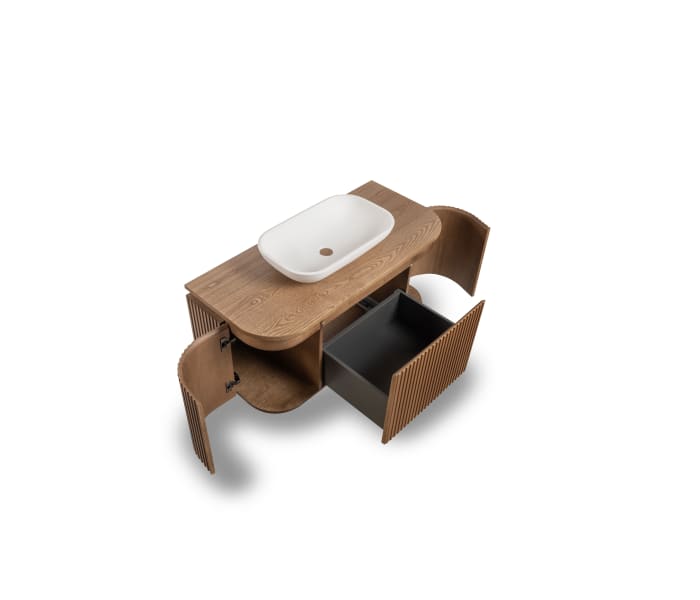 Mueble de baño 100 cm de madera maciza de fresno con encimera de madera Bruntec Neo Curve Detalle 2