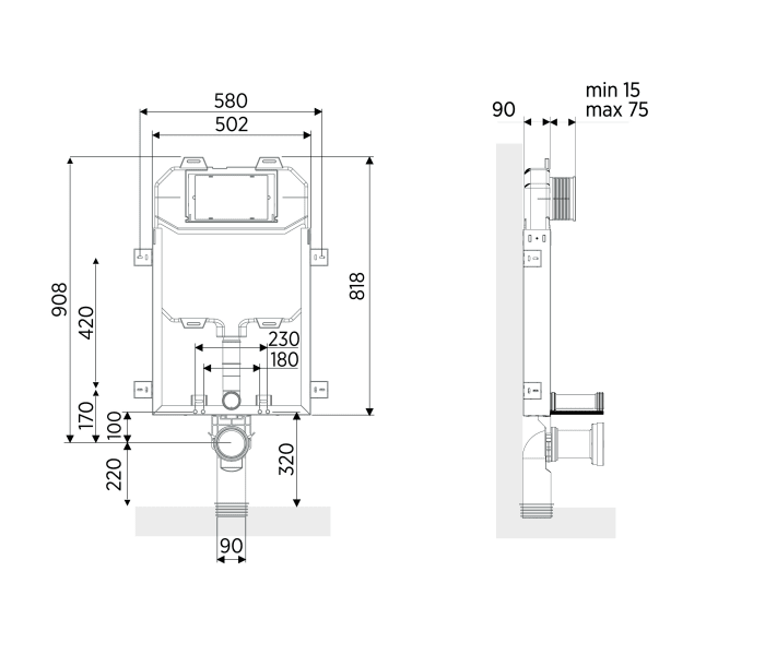 Pack Inodoro + cisterna empotrada + pulsador Bruntec Square Croquis 7