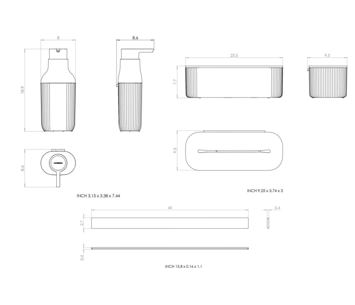 Set modular para ducha con dosificador y guía a pared de Cosmic Alife Croquis 5