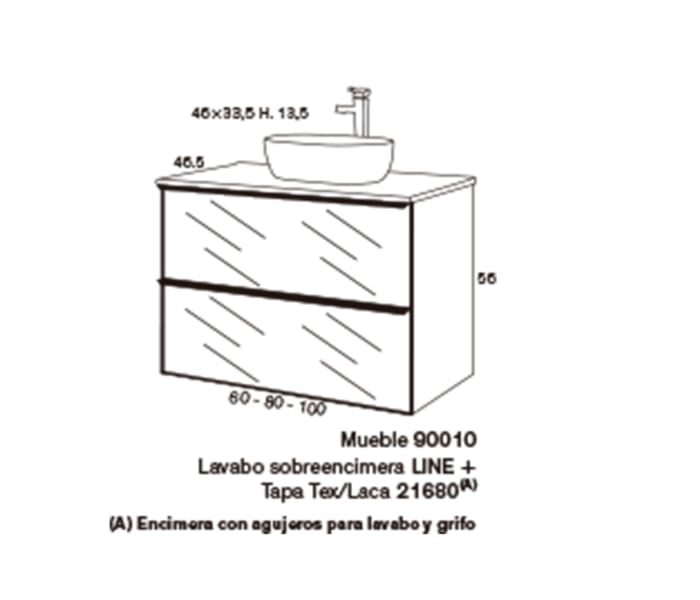Conjunto mueble de baño frente rejilla con encimera Sanchís Koba Croquis 2