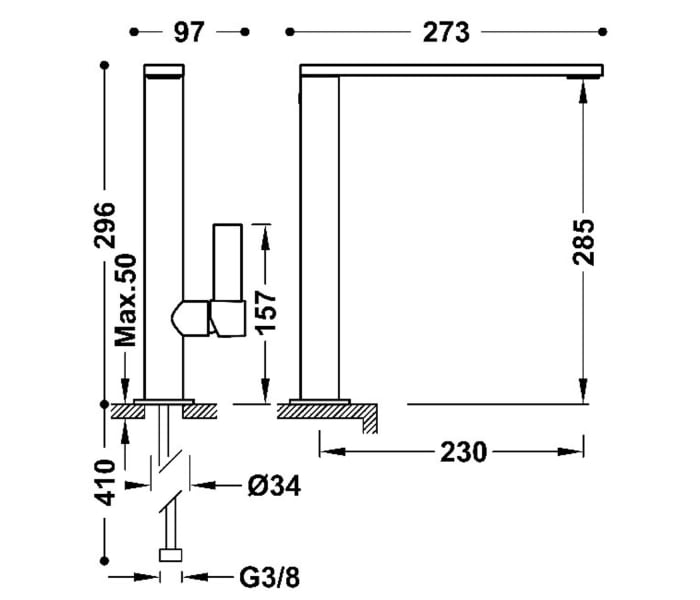 Grifo de lavabo Tres Project XXL Croquis 4