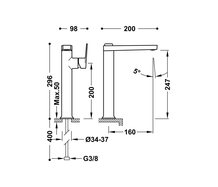 Grifo de lavabo Tres Project XL Croquis 12