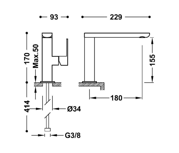 Grifo lavabo Tres Loft Croquis 1