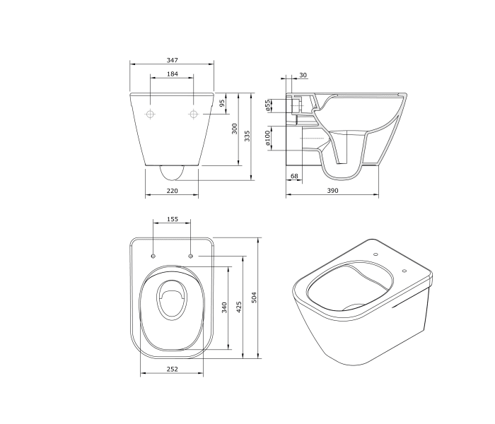 Pack inodoro suspendido + cisterna empotrada + pulsador + bide Unisan Sanindusa Look Croquis 9