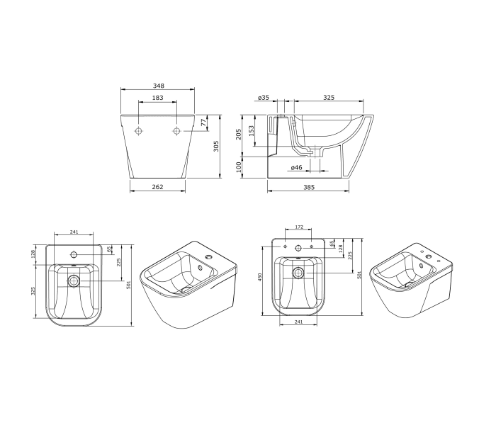 Pack inodoro suspendido + cisterna empotrada + pulsador + bide Unisan Sanindusa Look Croquis 8