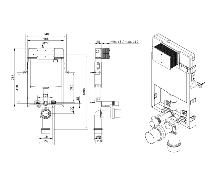 Pack inodoro suspendido + cisterna empotrada + pulsador + bide Unisan Sanindusa Look Croquis 10