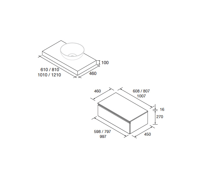 Conjunto mueble de baño con encimera roble y cajonera blanca Salgar Domus Croquis 1