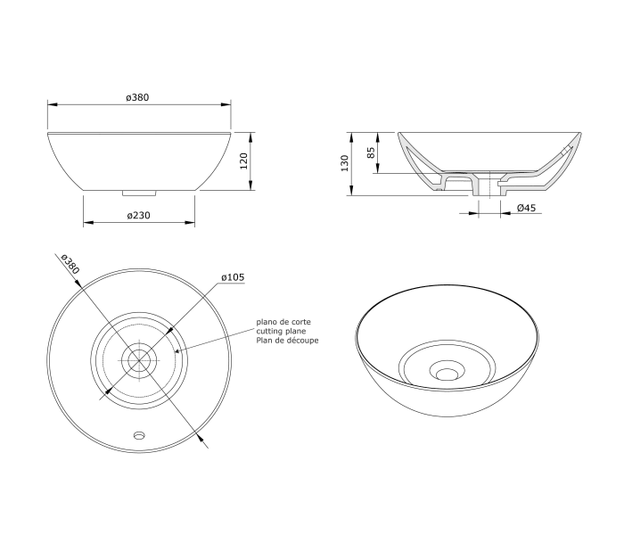 Lavabo sobre encimera bol Unisan Sanidusa Sanlife Croquis 2