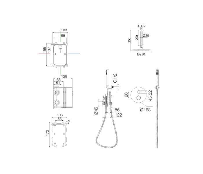 Conjunto de ducha empotrado Imex Bless Croquis 6