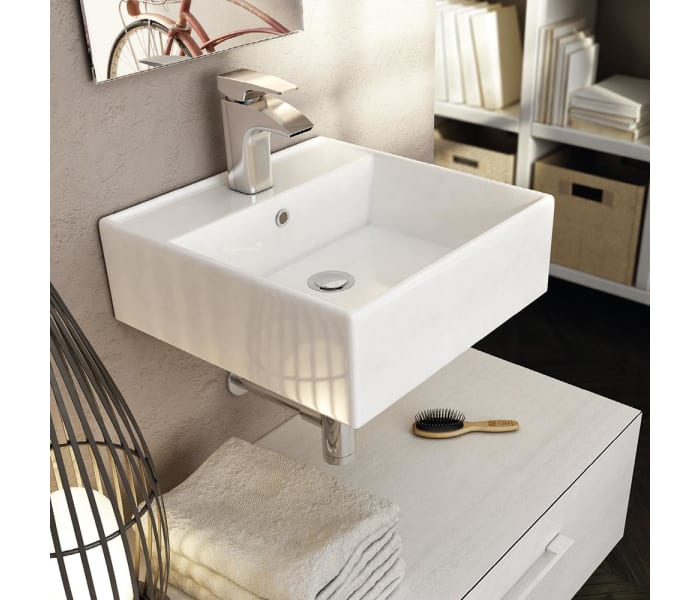 Mueble baño LIBRA con espejo y lavabo de porcelana suspendido.(LACADO ALTO  BRILLO) - Zomwy