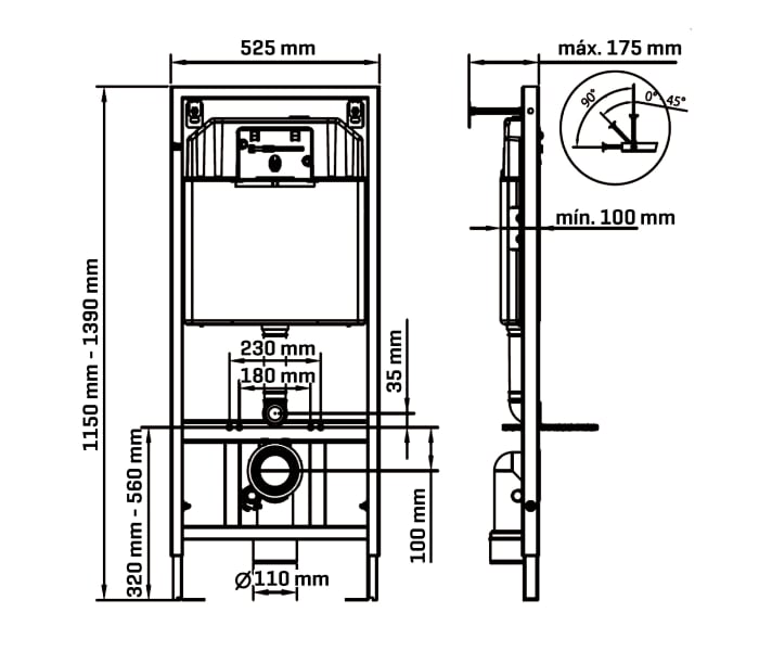 Pack inodoro suspendido + cisterna empotrada Bruntec Square Croquis 4