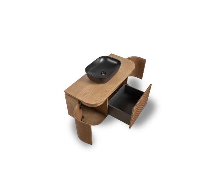 Mueble de baño madera varias medidas, maciza de fresno con encimera de madera Bruntec Evo Curve Detalle 5