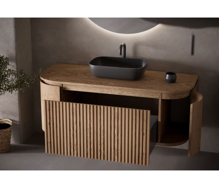 Mueble de baño madera varias medidas, maciza de fresno con encimera de madera Bruntec Evo Curve Detalle 4