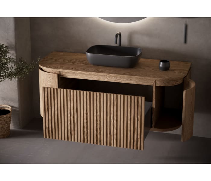 Mueble de baño madera varias medidas, maciza de fresno con encimera de madera Bruntec Evo Curve Detalle 1