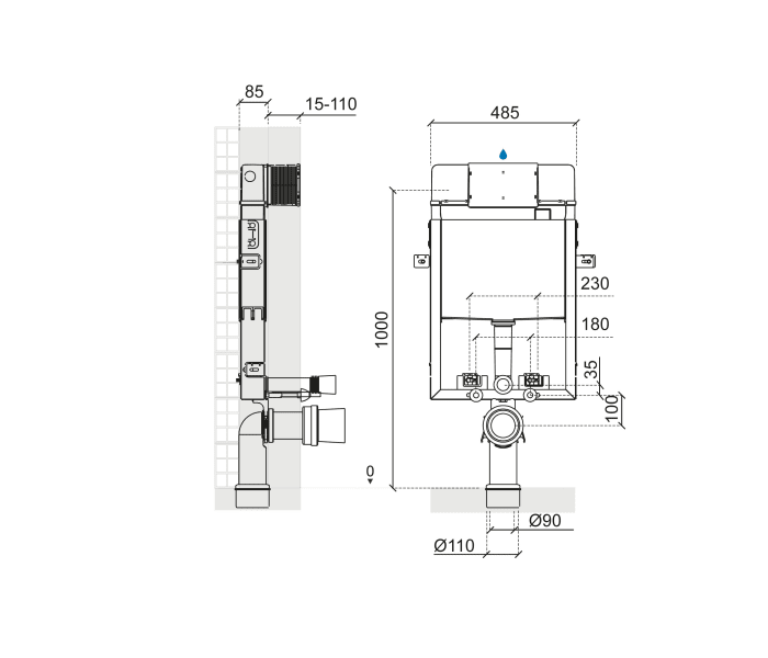 Pack inodoro + cisterna empotrada + pulsador Unisan Sanindusa Look Croquis 10