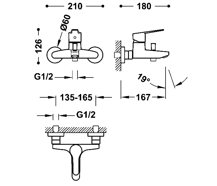 Grifo de bañera Tres Base Croquis 1